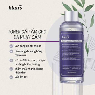 Nước Hoa Hồng Klairs Không Mùi Cho Da Nhạy Cảm 180ml Supple Preparation Unscented Toner